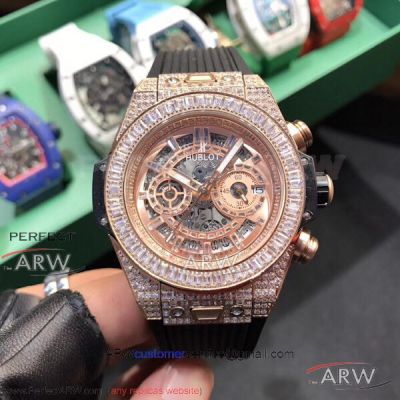 Perfect Replica ZY Factory Hublot Big Bang Skeleton Face Rose Gold Diamond Bezel 45mm Watch